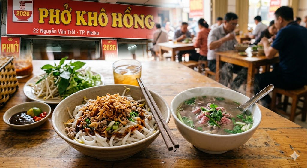 Cận cảnh tô phở khô với sợi bánh trắng muốt, phủ đầy hành phi vàng ruộm bên cạnh bát nước dùng bốc khói. du lịch pleiku